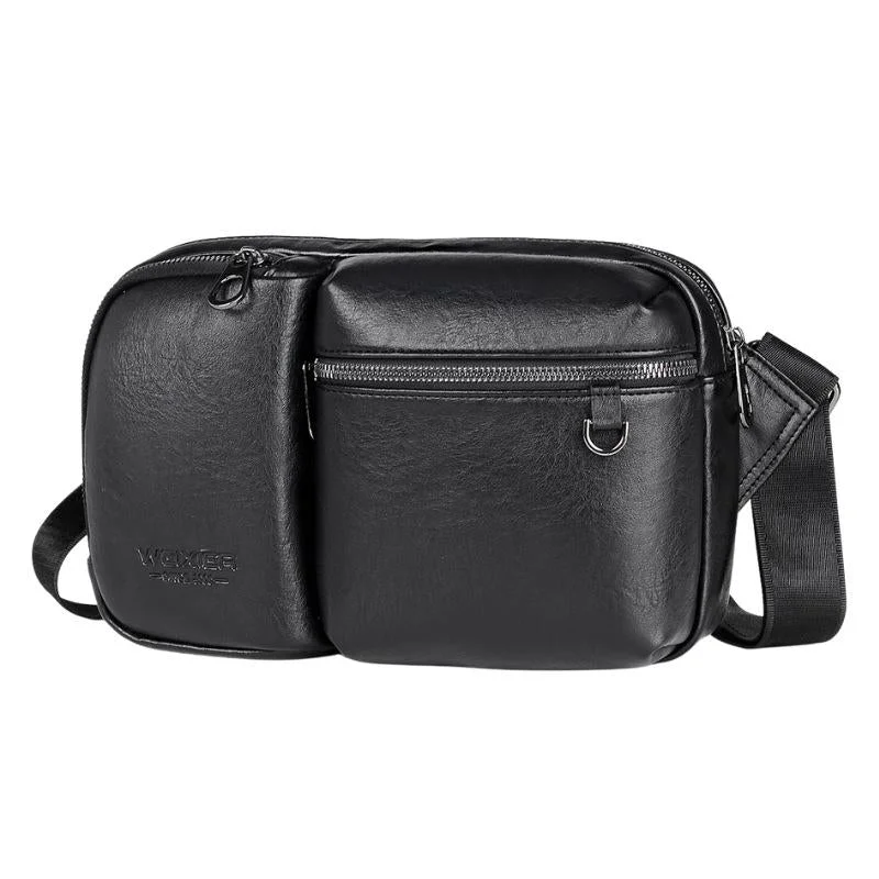 Large Capacity Men Crossbody Bag Casual Pu Messenger - Black