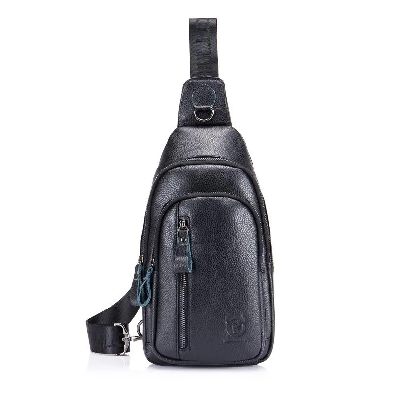 Men Leather Crossbody Chest Bag Multi Function - Black