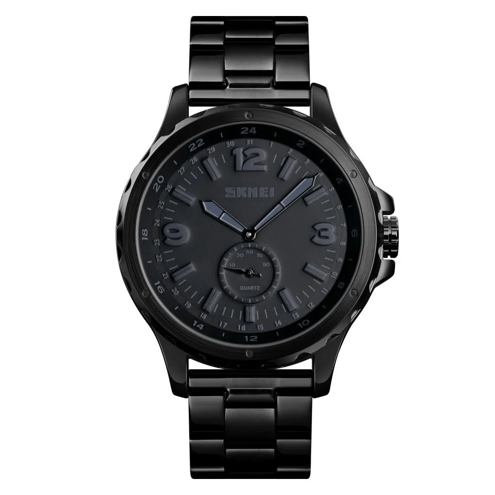 Stylish Waterproof Men Quartz Watch with Steel Band - Black