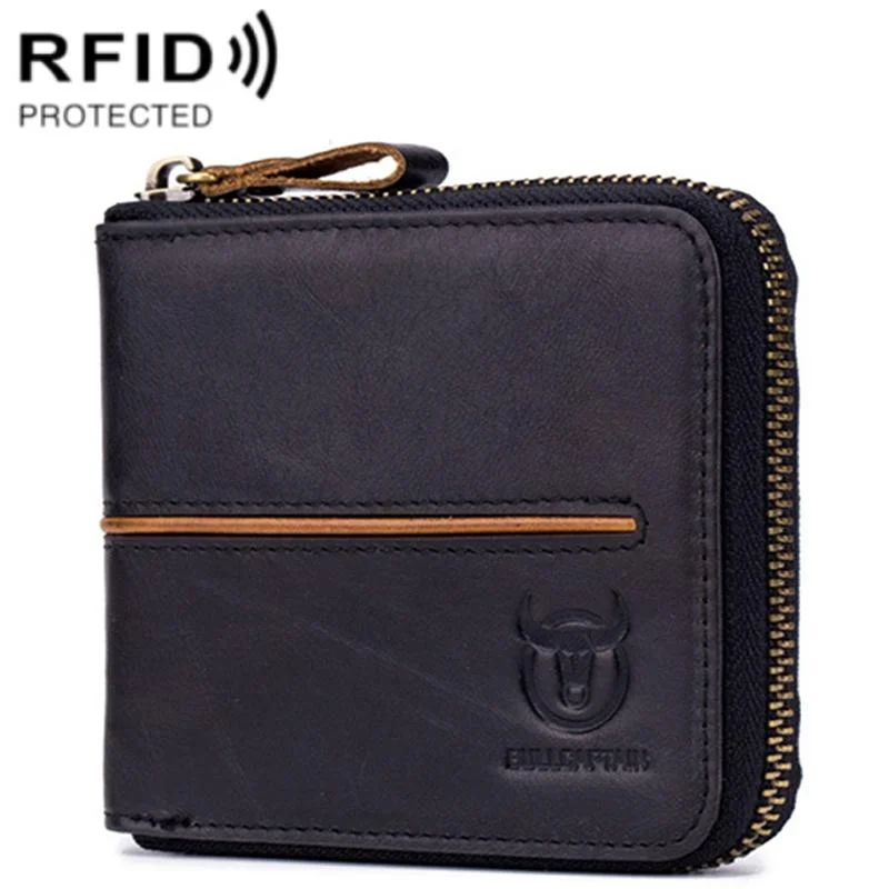 Zippered Cowhide Card Holder with Rfid Protection - Black