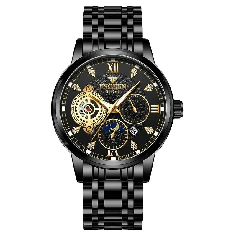 Men Three-eye Hollow Quartz Sports Watch - Black Steel Black Surface Gold Nails