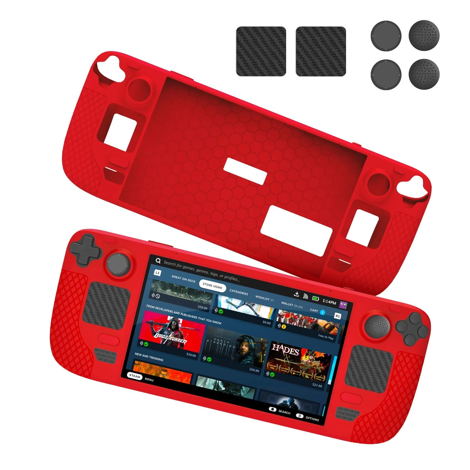 7-piece Silicone Case & Joystick Cap Set for Steam Deck with Touch Board Sticker - Red