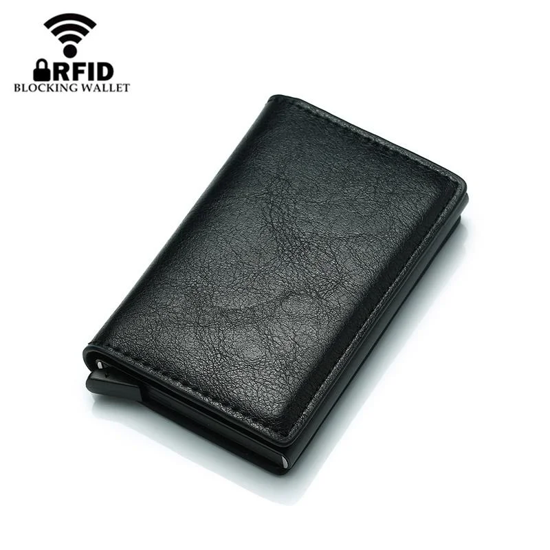 Anti Magnetic Rfid Leather Metal Wallet Universal Fit Black - Black