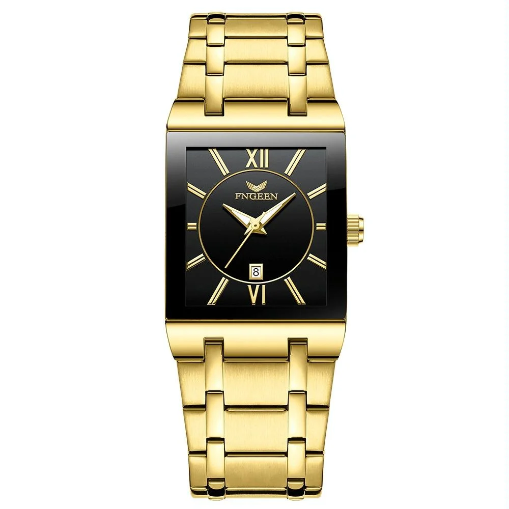 Waterproof Square Men Watch with Calendar - 50m - Full Gold Black Surface