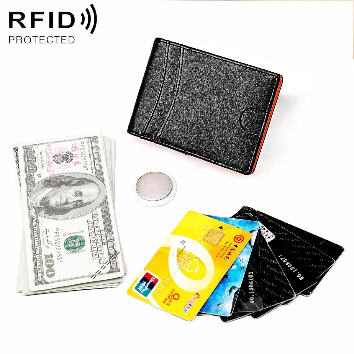 Leather Wallet with Rfid and Tracker Pocket for Men - Black Orange