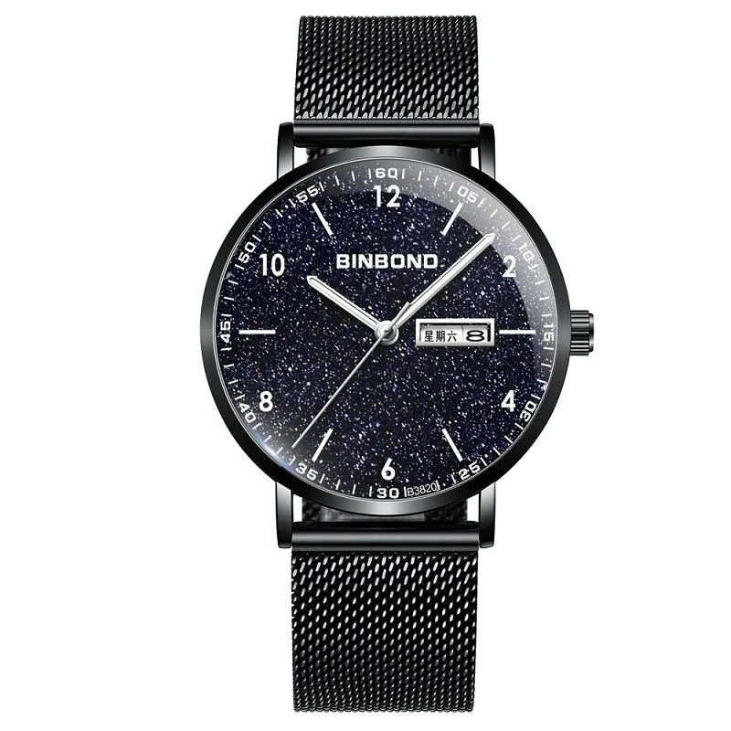 Starry Sky Pattern Quartz Watch for Men - Simple & Luminous - Black Mash Black Shell White Nails
