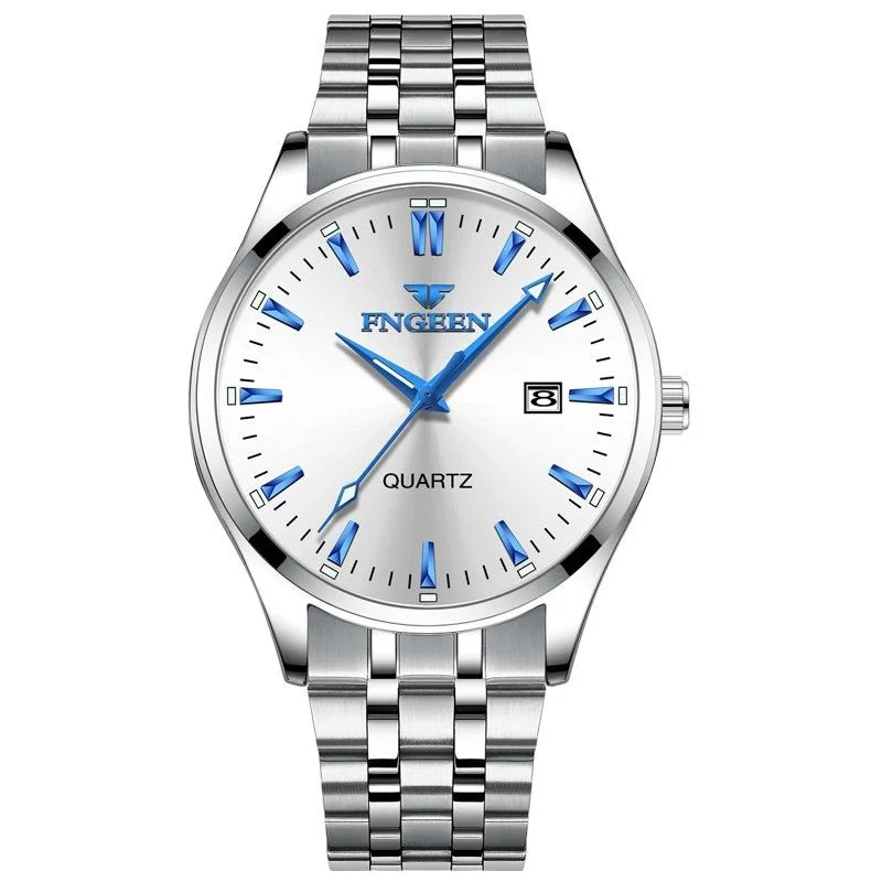 Simple Luminous Quartz Watch for Men with Calendar - White Steel White Surface