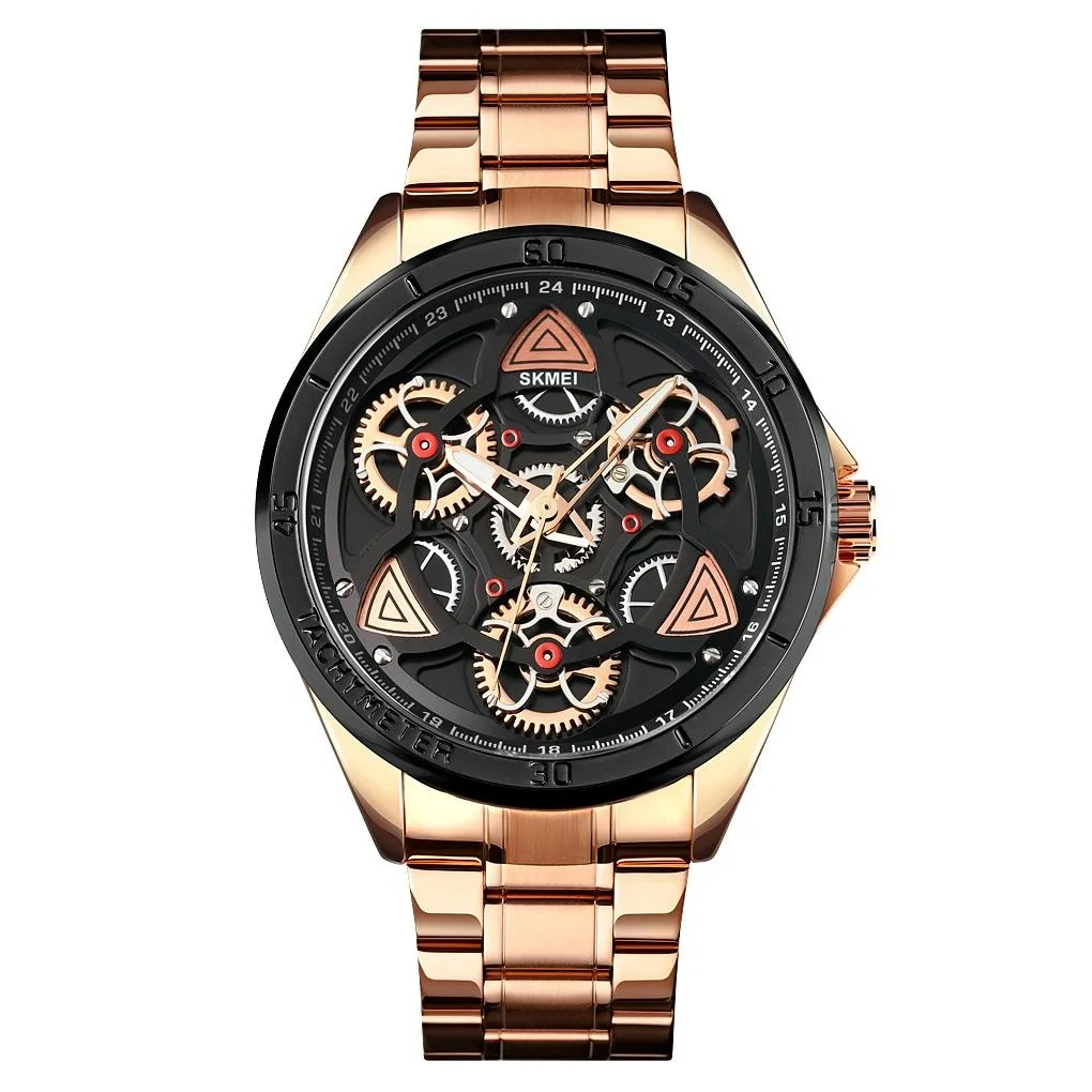 Waterproof Men Quartz Watch with Rotatable Gear Dial - Rose Gold Shell Black Surface