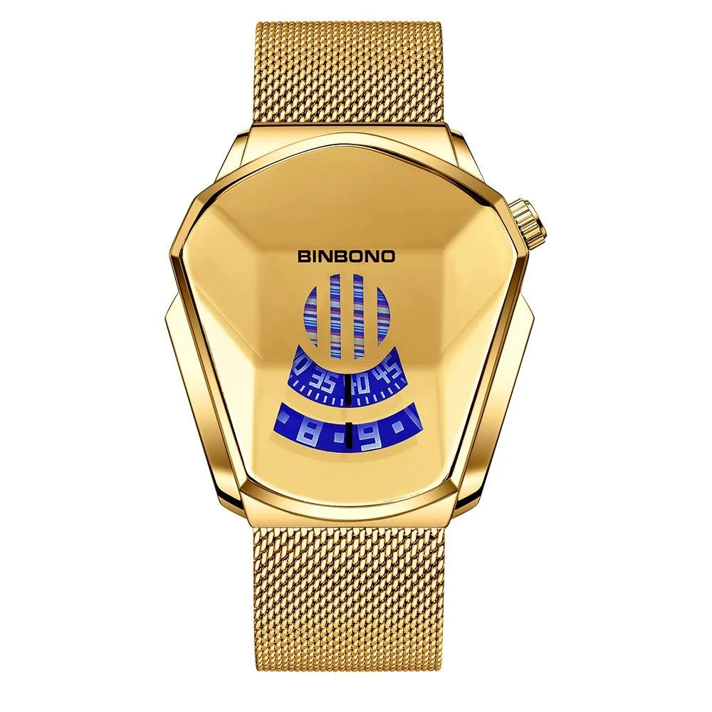 Black Technology Men Watch with Locomotive Concept - Gold Net Belt-Full Gold-Gold Face