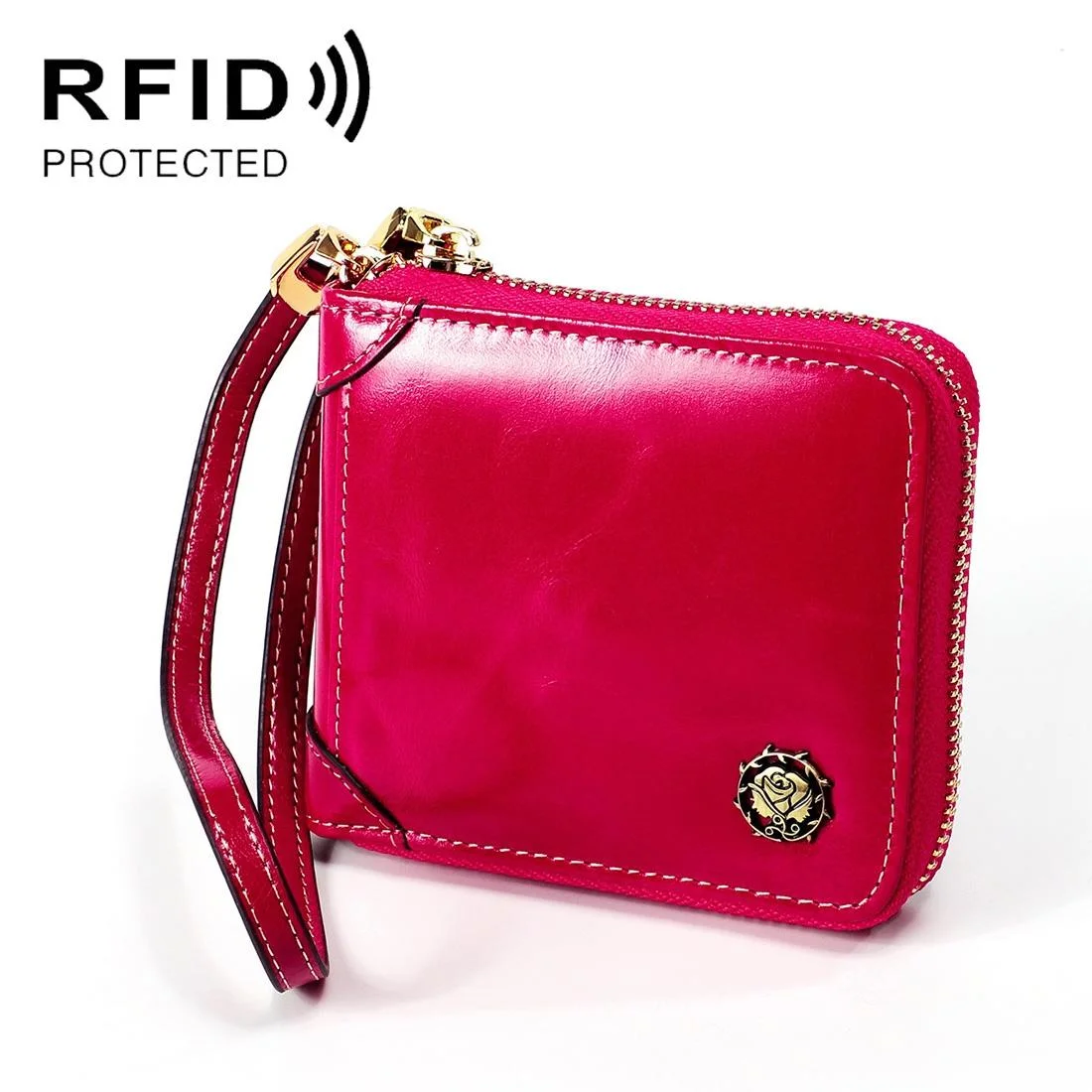 Rfid Leather Wallet with Lanyard - Multi-functional - Rose Red