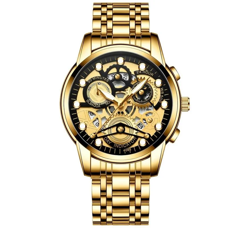 Waterproof Luminous Men Quartz Watch - Hollow Design - Full Gold Black Surface