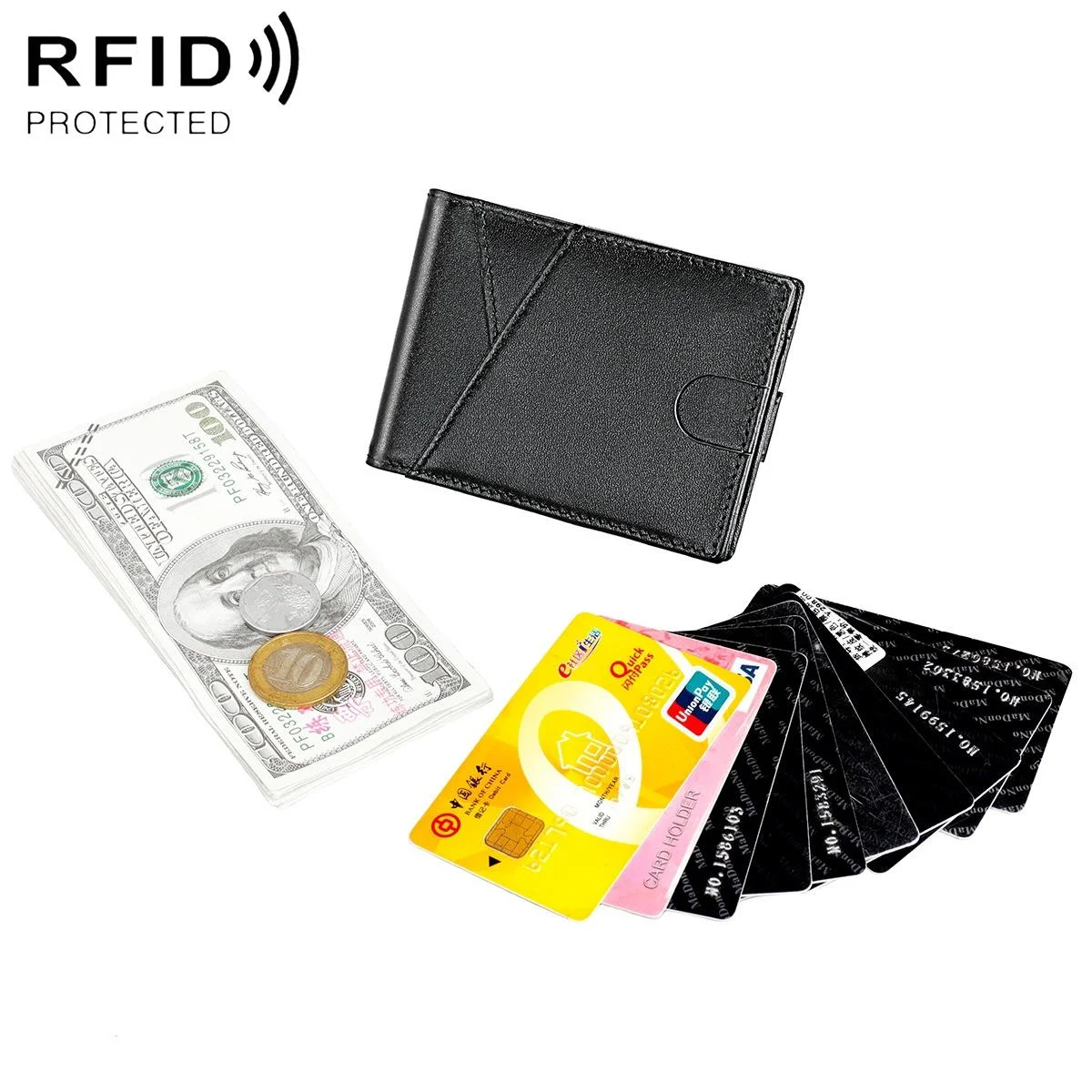 Leather Rfid Wallet with Front Pocket - Black - Black