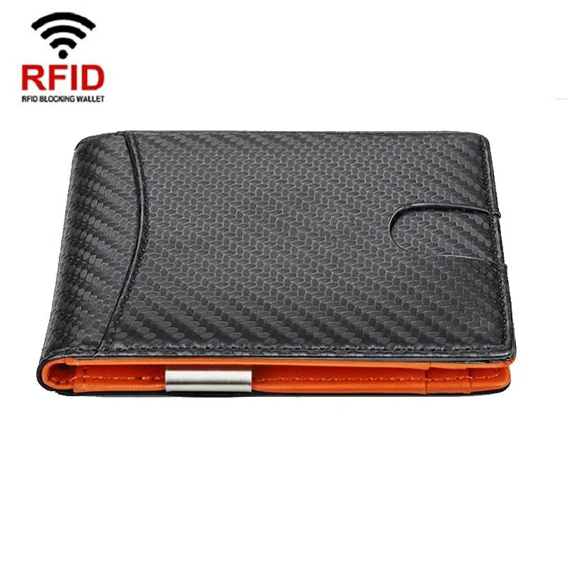 Men Vintage Leather Rfid Wallet - Carbon Fiber Orange Inside