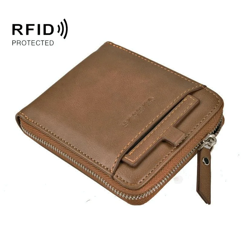 Men Retro Rfid Zip Wallet - Zipper Closure - Brown