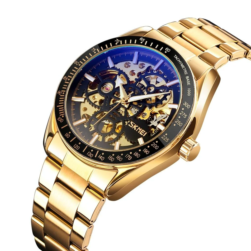 Men Automatic Mechanical Watch with Gear Dial - Gold Black
