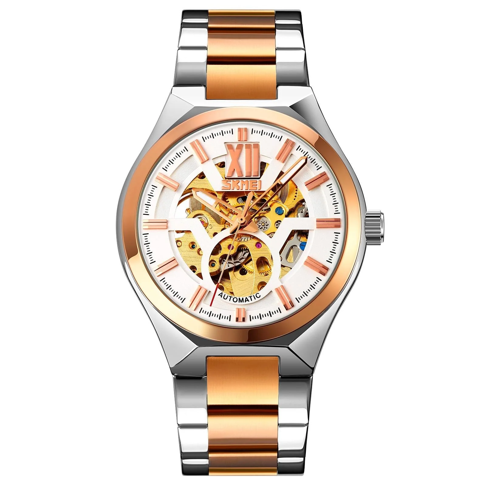Men Automatic Mechanical Watch with Two-tone Stainless Steel Strap - Middle Rose Gold Shell Silver Surface
