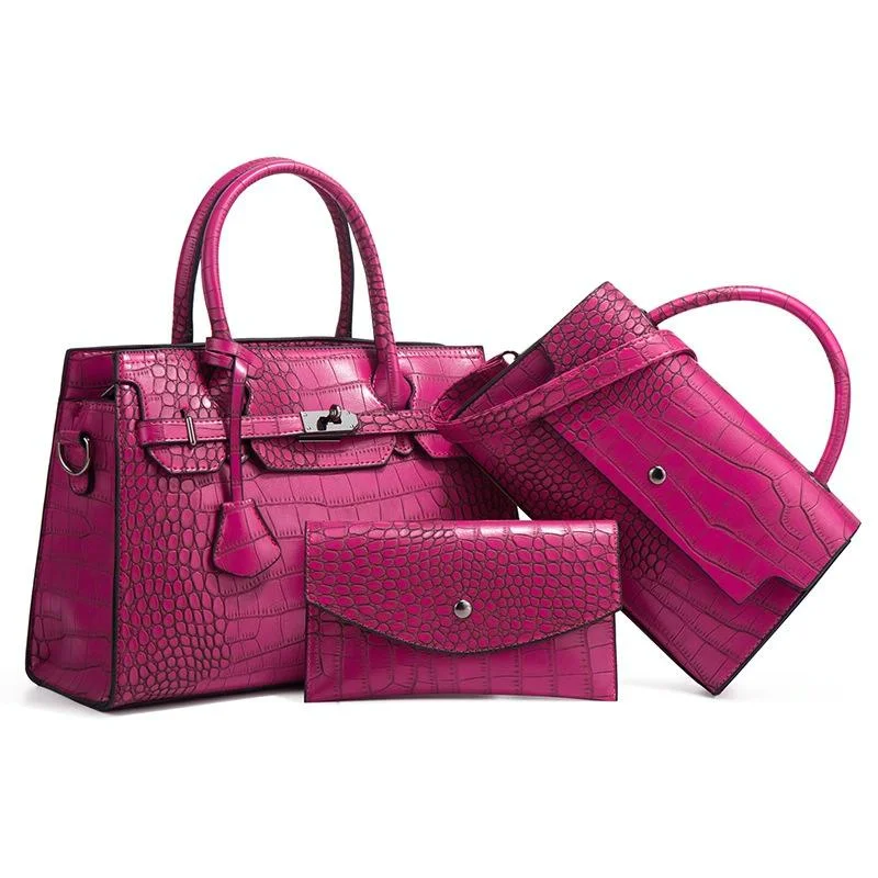 Large Capacity 3-in-1 Crocodile Print Crossbody Tote - Diagonal Design - Rose Red