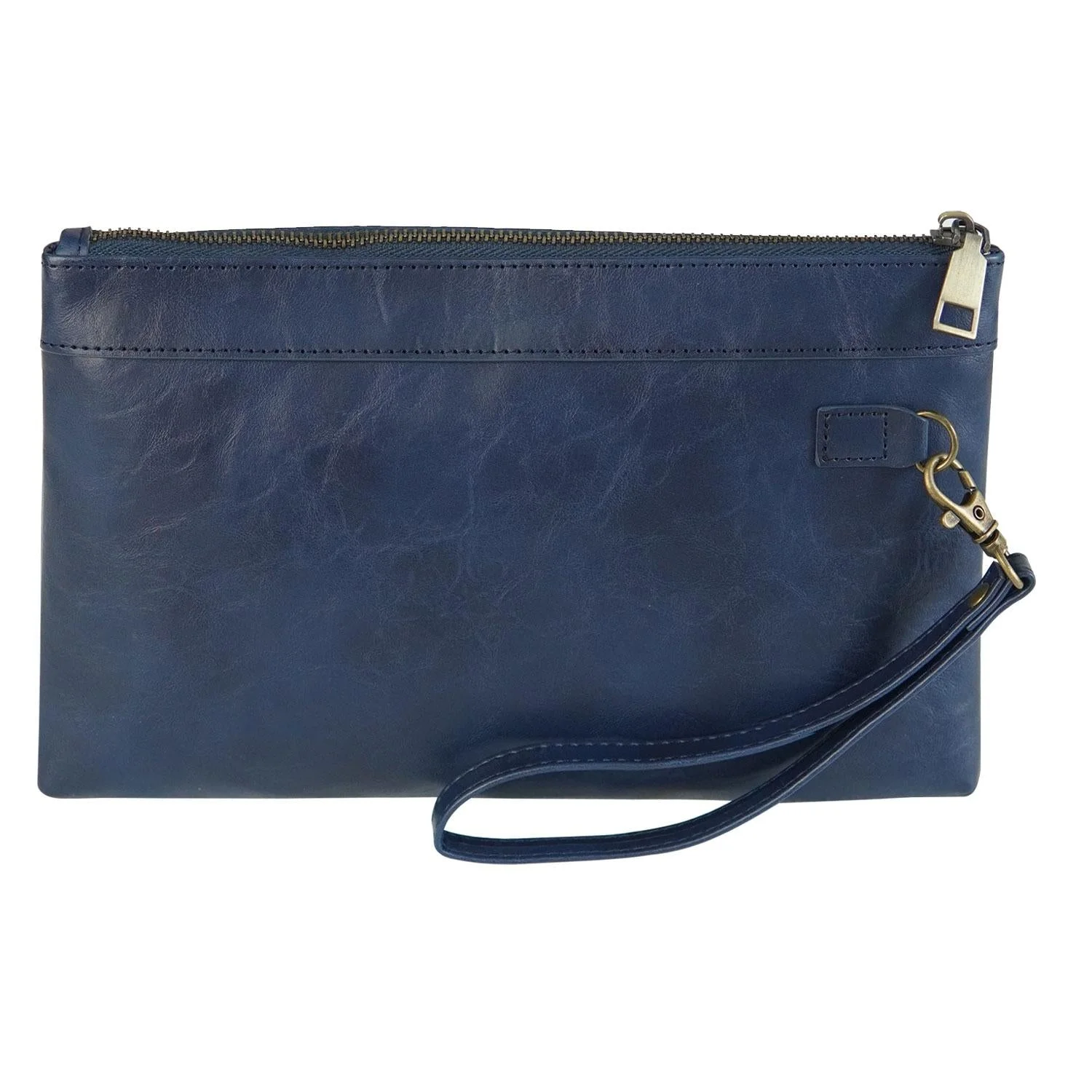 Vintage Leather Envelope Clutch with Zipper Closure - Dark Blue