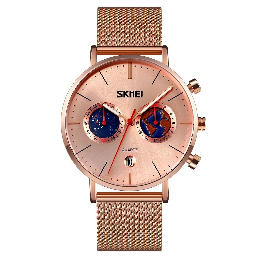 Men Stainless Steel Quartz Watch with Map Pattern Calendar - 9231 - Rose Gold