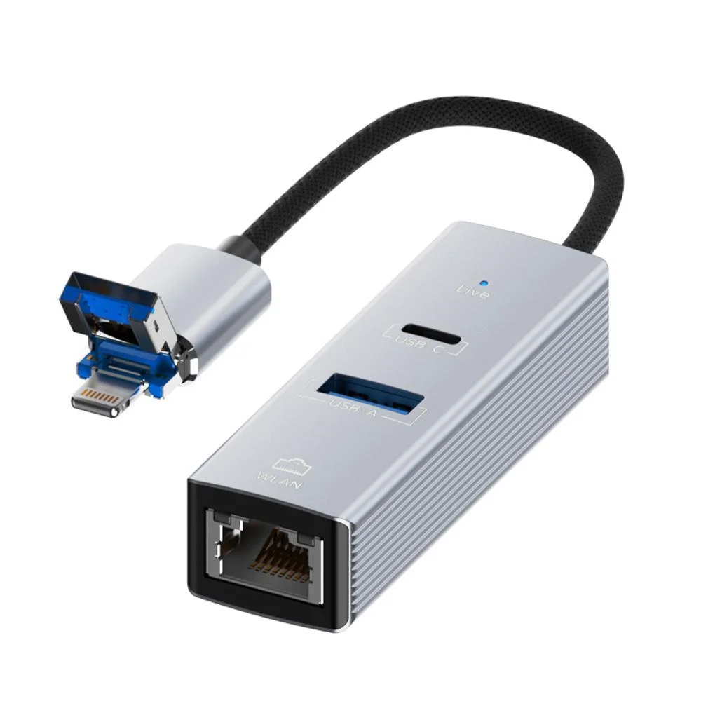 8 Pin To Type-C Rj45 Usb-A Hub Converter - Silver