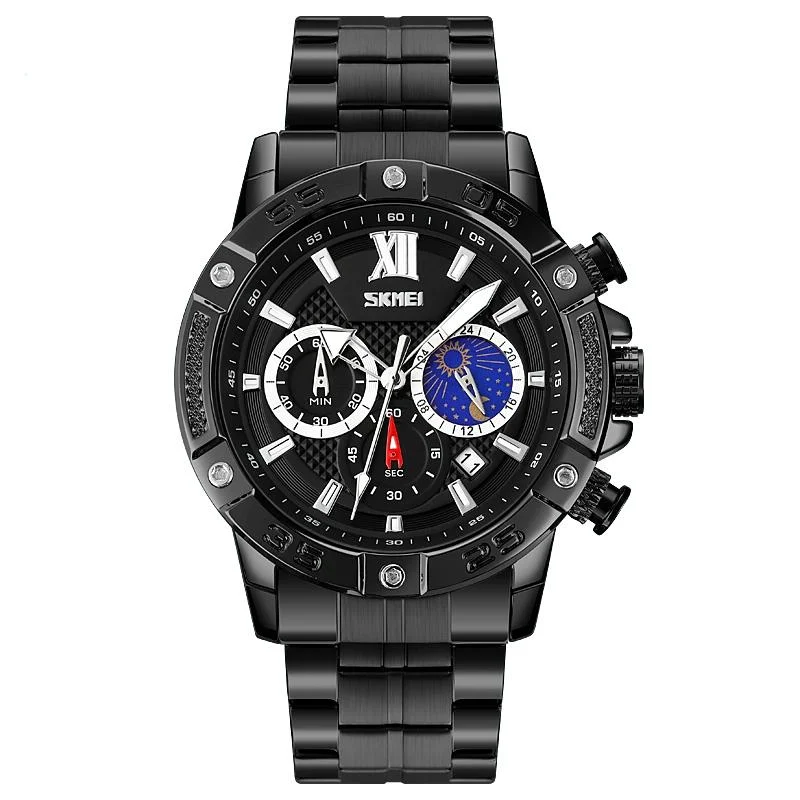 Stainless Steel Men Moonphase Quartz Watch with Strap - Black