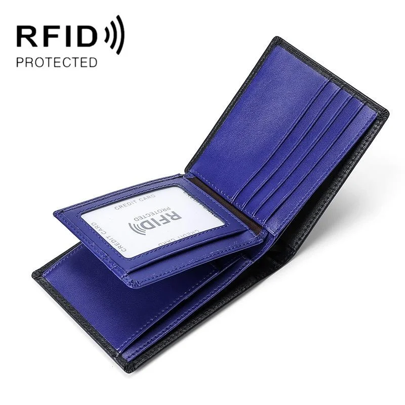 Rfid Blocking Leather Tri Fold Wallet - Blue