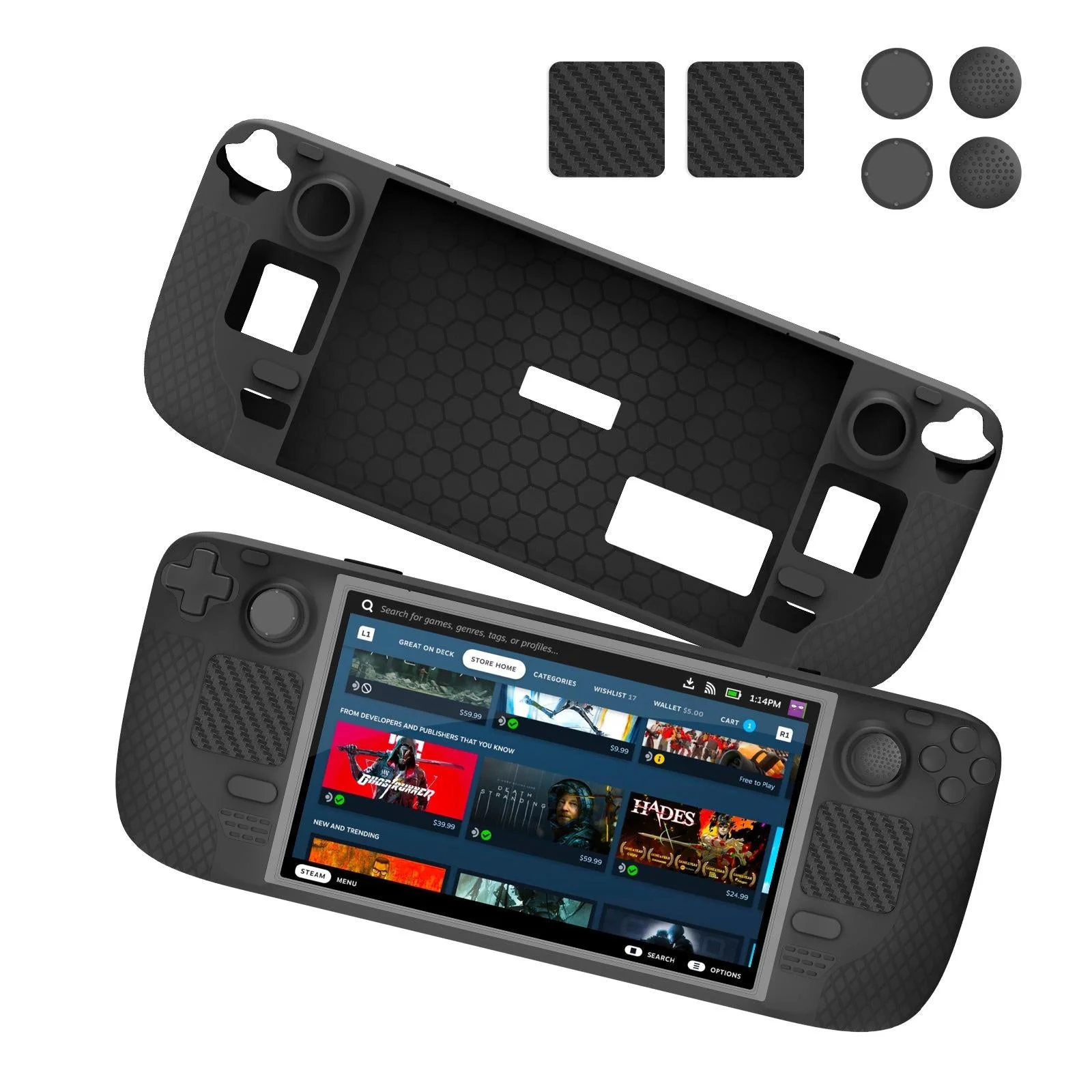 7-piece Silicone Case & Joystick Cap Set for Steam Deck with Touch Board Sticker - Black