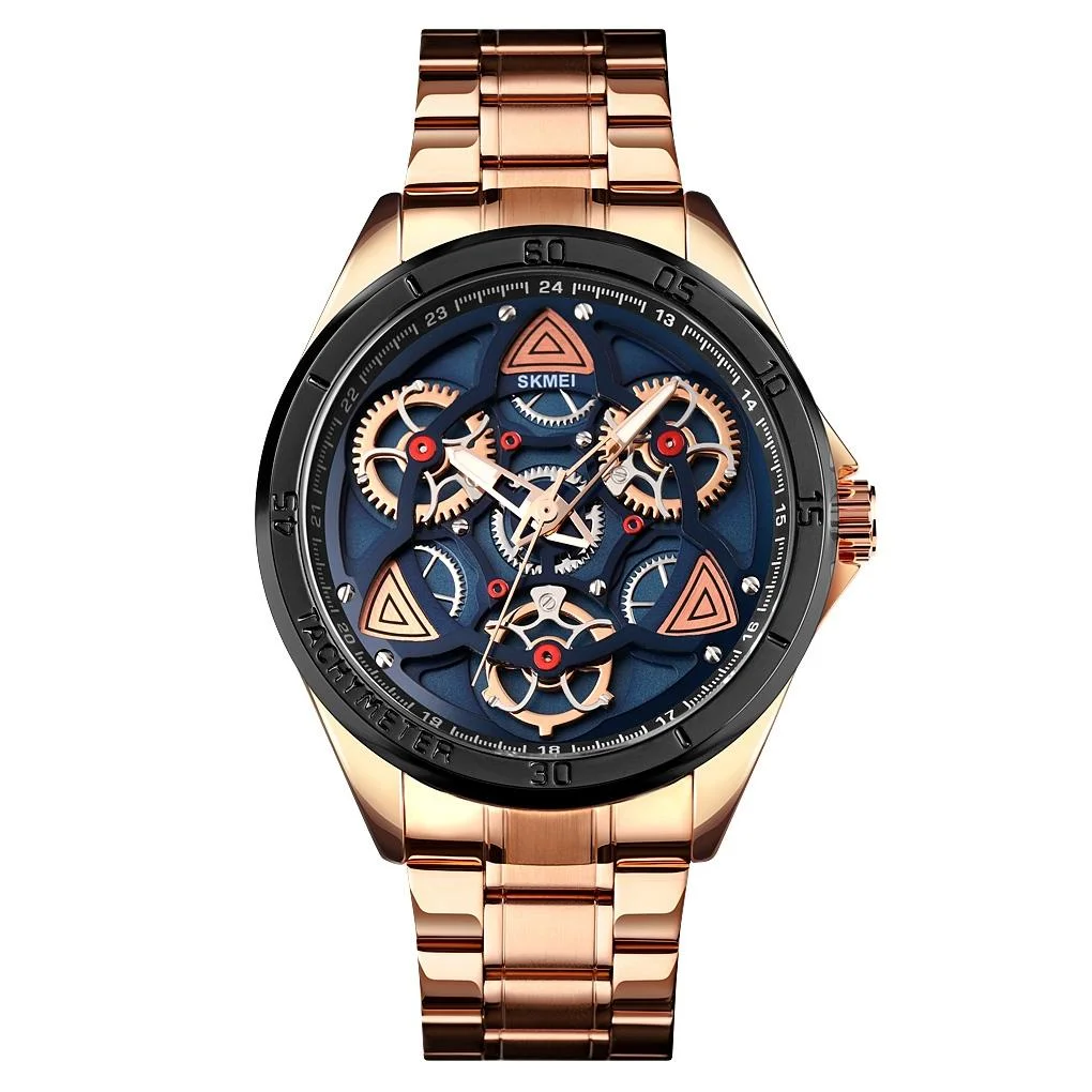 Waterproof Men Quartz Watch with Rotatable Gear Dial - Rose Gold Shell Blue Surface