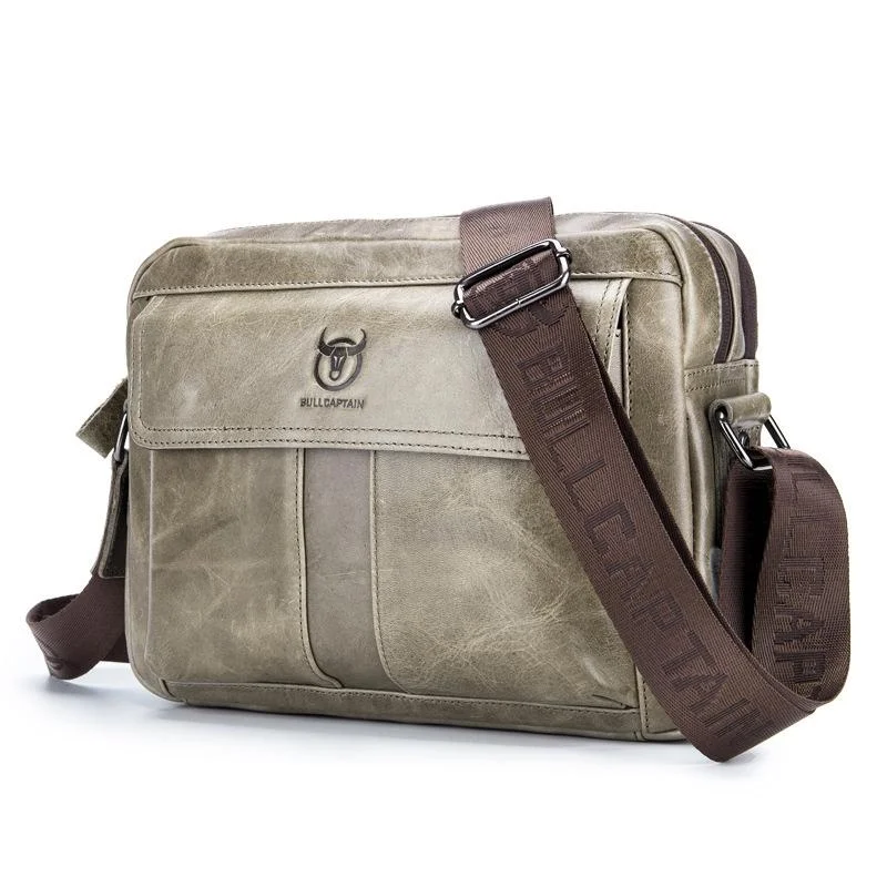Men Leather Shoulder Bag Double Layer - Beige