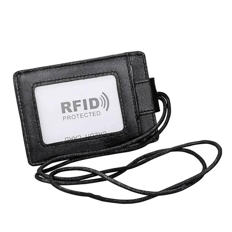 Leather Rfid Card Holder Lanyard - Compact & Secure - Black