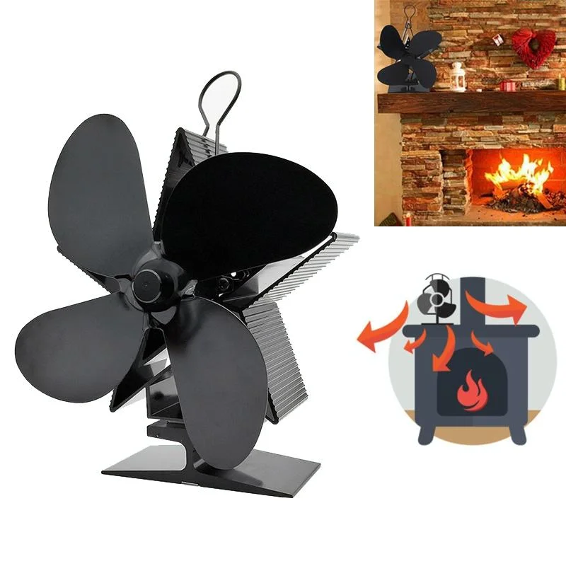 Efficient 4-blade Heat-powered Stove Fan - Aluminum - Black