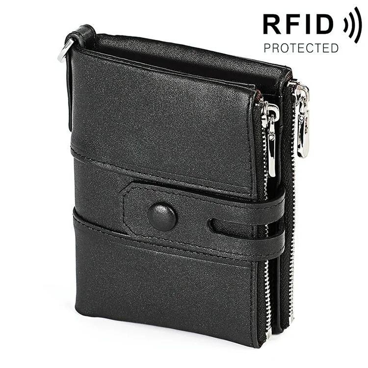 Men Retro Texture Double Zip Rfid Wallet - Anti-magnetic - Black