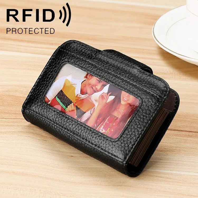 Women Cowhide Leather Rfid Wallet - Horizontal Design - Black