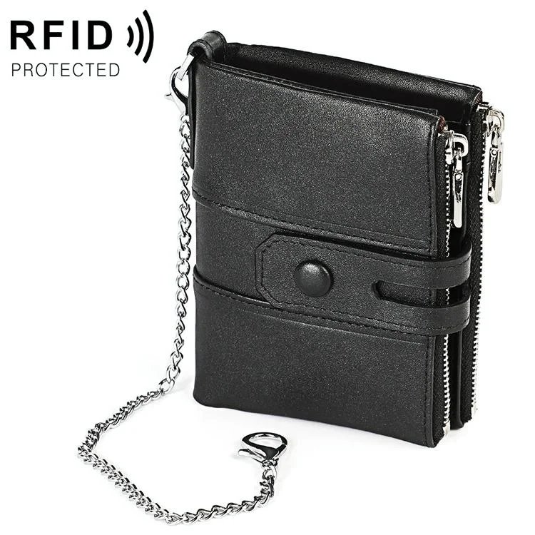 Double Zip Rfid Chain Wallet with Card Slots - Black