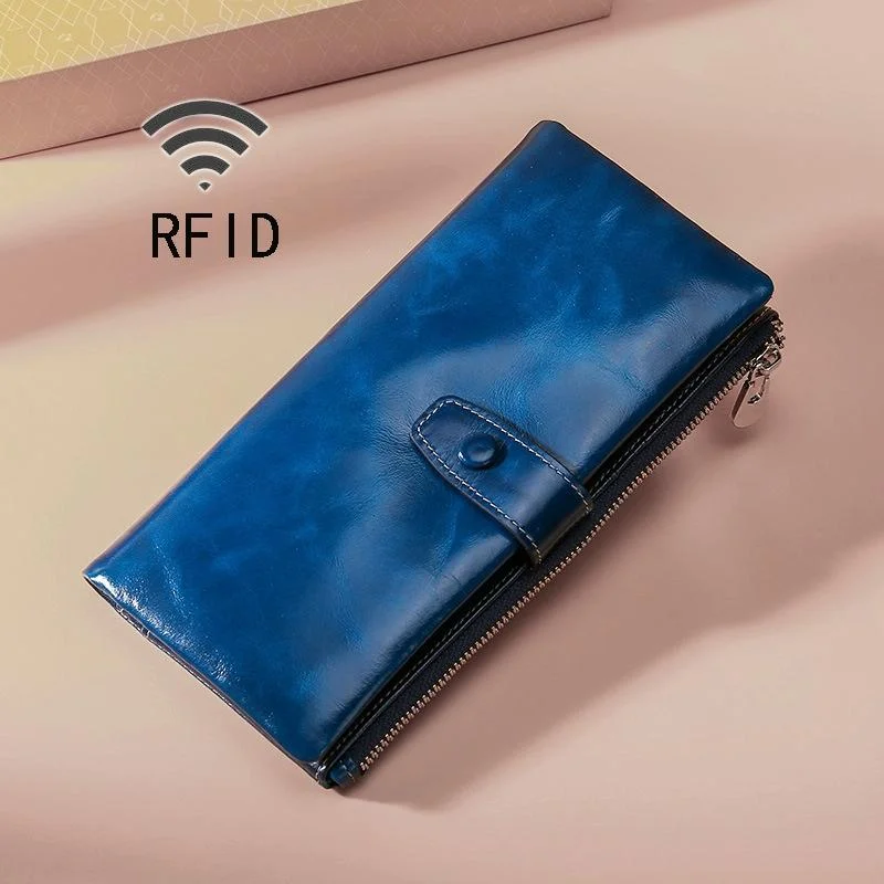 Oilskin Leather Rfid Zip Wallet - Brown - Sapphire Blue
