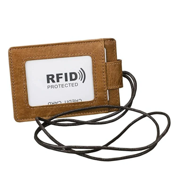 Leather Rfid Card Holder Lanyard - Compact & Secure - Yellowish-Brown