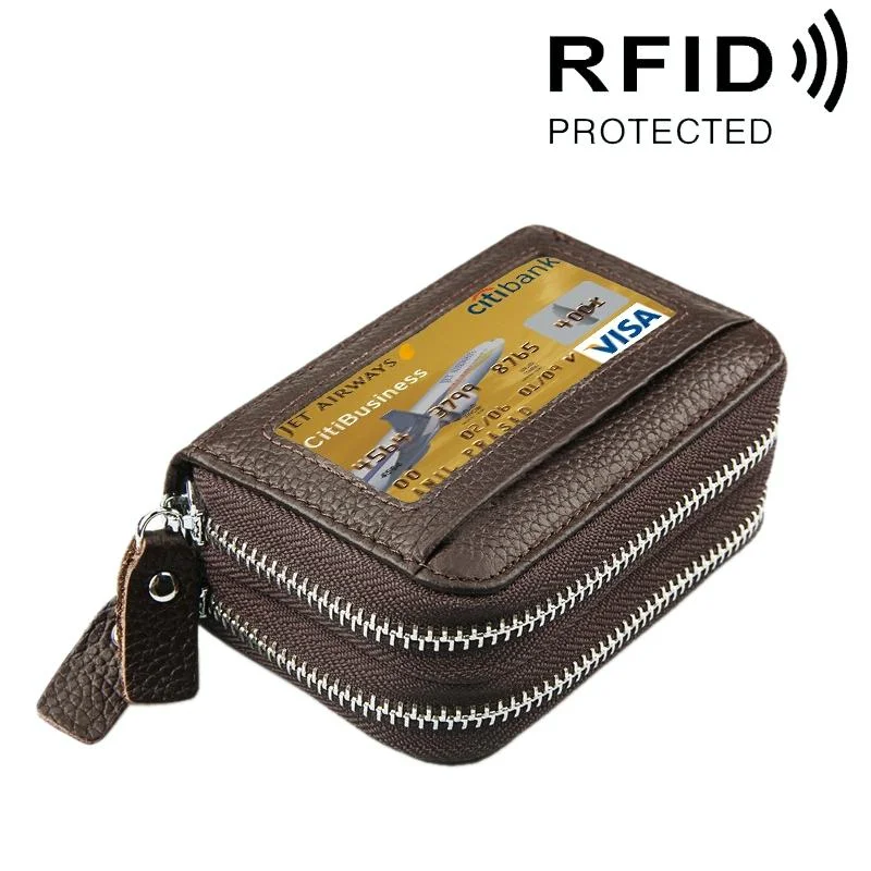 11-slot Rfid Blocking Leather Card Holder Wallet with Coin Pocket - Coffee