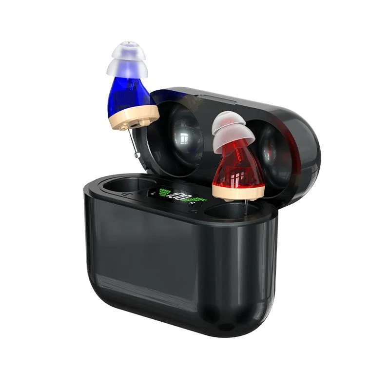 Digital Hearing Aid With Display & Charging - Red Blue + Black Compartment