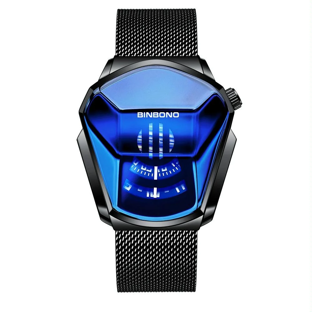 Black Technology Men Watch with Locomotive Concept - Black Net Belt-Black Steel-Blue Face