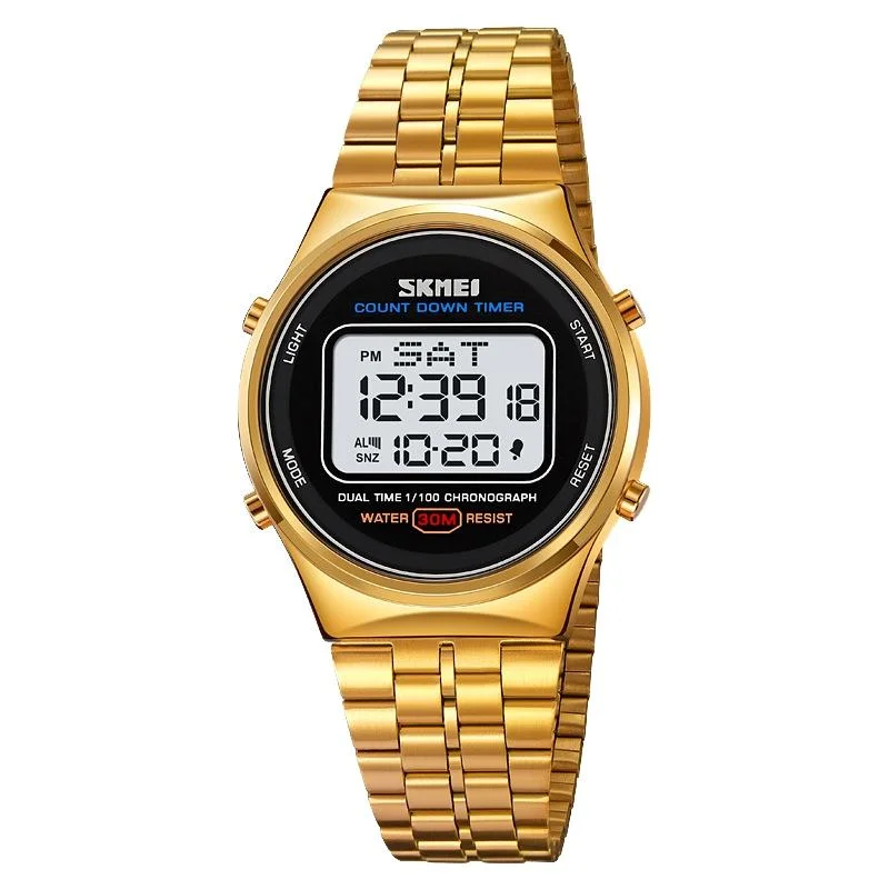 Waterproof Multifunctional Men Digital Watch - Luminous Stainless Steel - 30m - Gold White