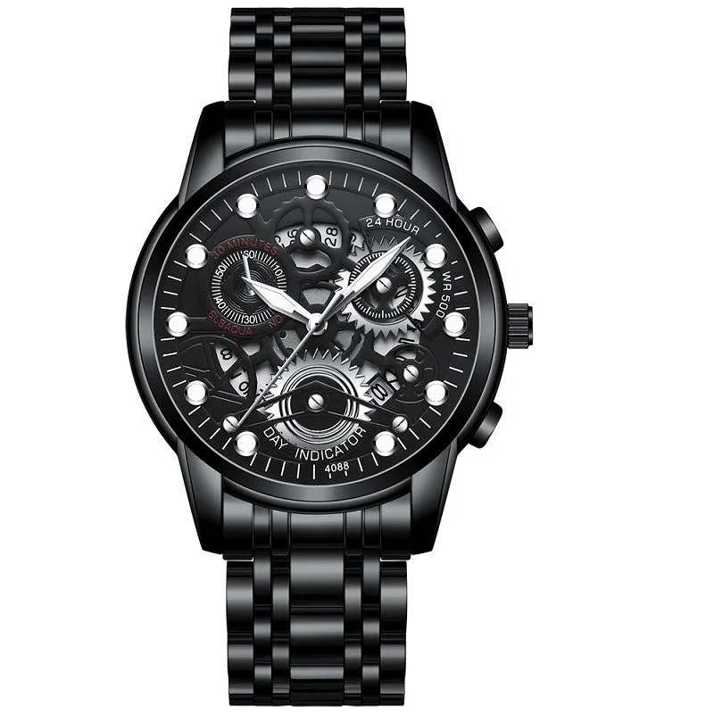 Waterproof Luminous Men Quartz Watch - Hollow Design - Black Steel Black Surface White Nails