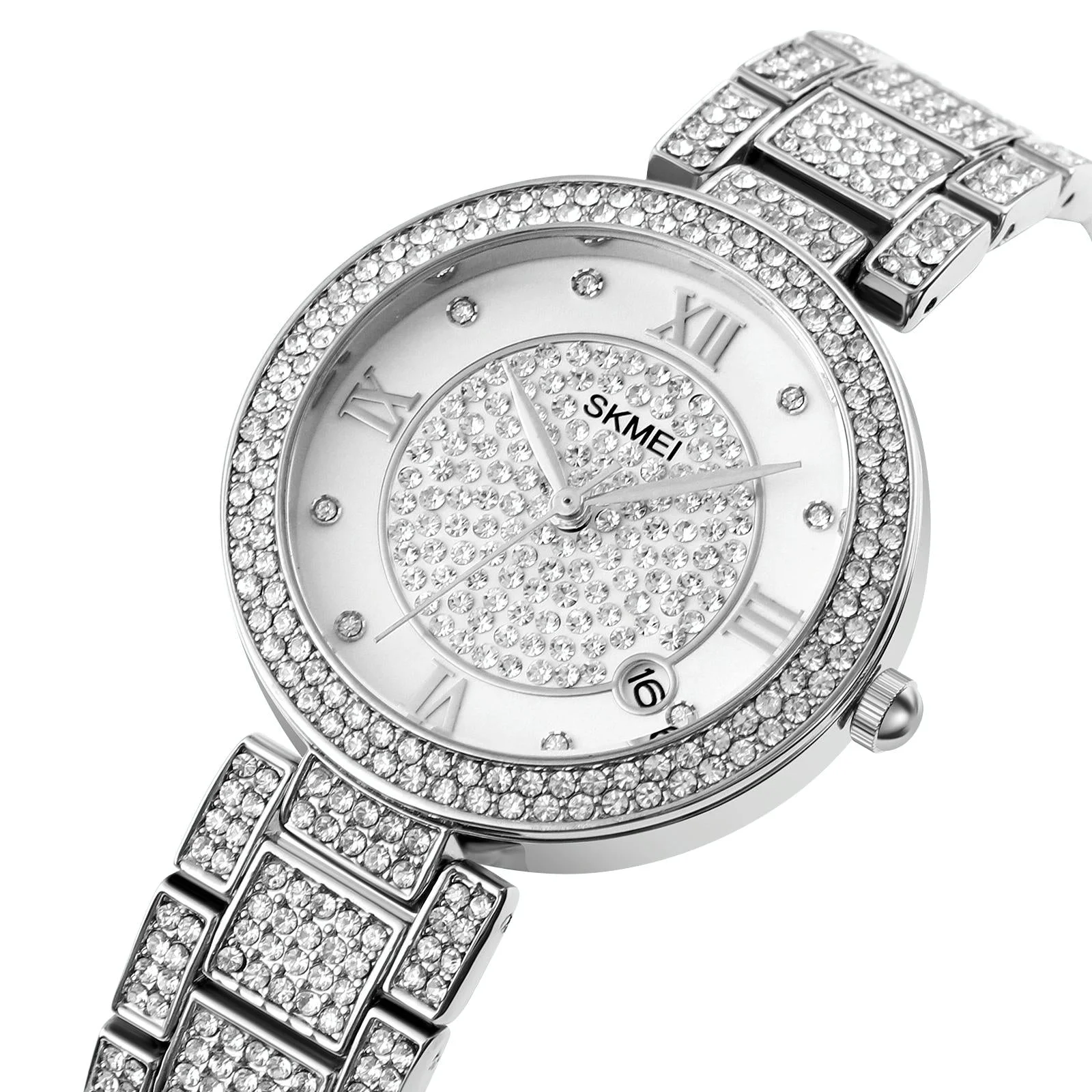 Women Quartz Watch with Diamond Roman Numerals and Round Dial - Silver