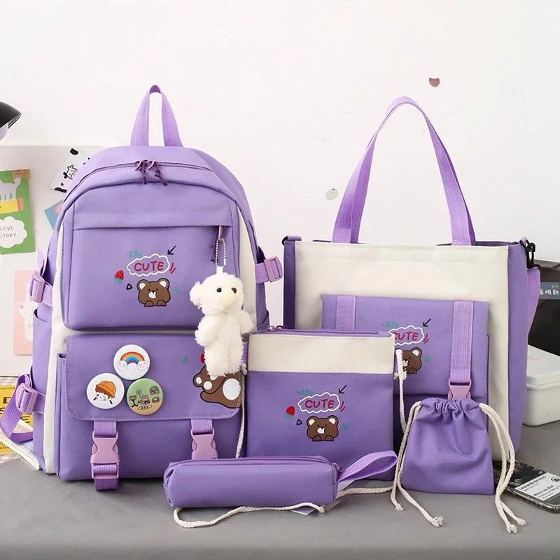 Adorable 5-piece Girls Backpack Set with Bear Design - Dark Purple