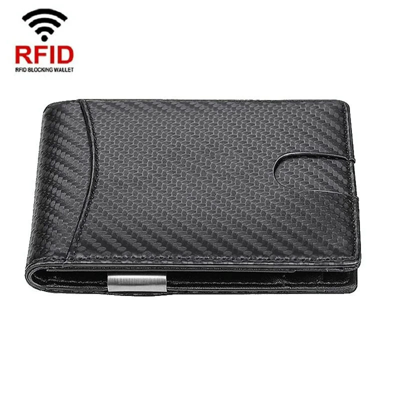 Men Vintage Leather Rfid Wallet - Carbon Fiber Black Inside