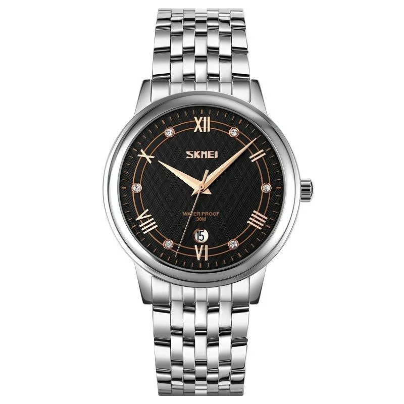 Waterproof Quartz Watch with Stainless Steel Buckle for Men - Silver Shell Black Surface