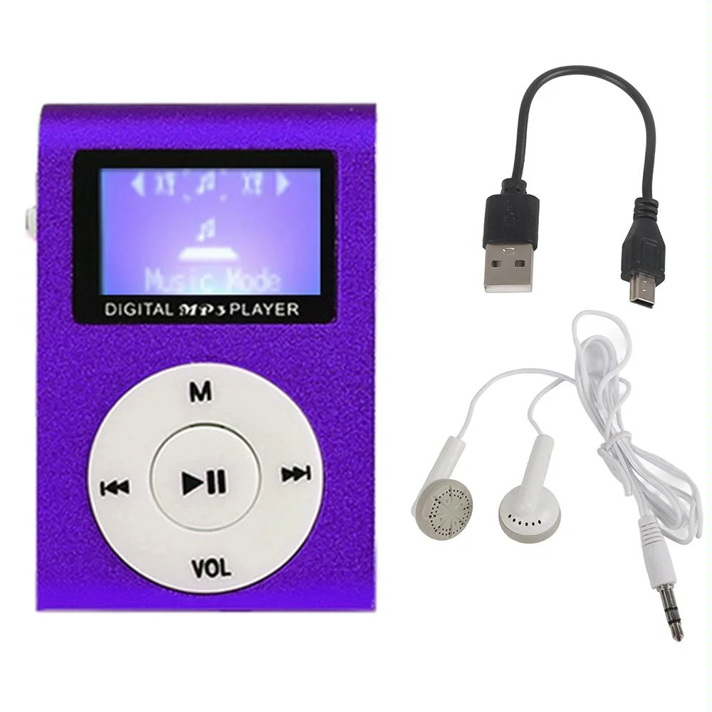 Metal Mini Mp3 Player + Earphones & Cable - Purple