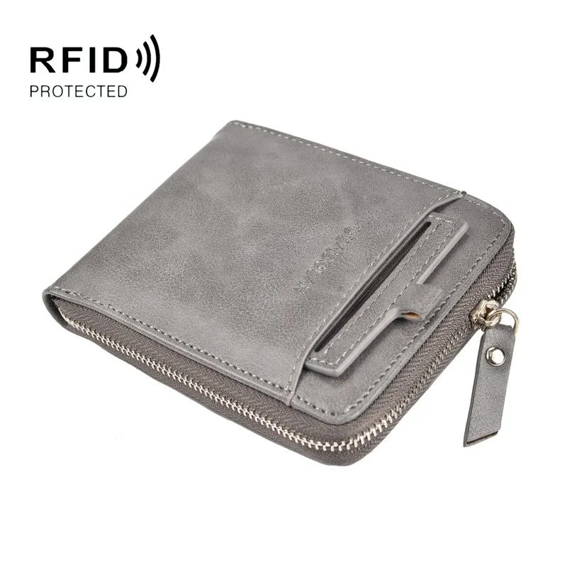 Men Retro Rfid Zip Wallet - Zipper Closure - Grey