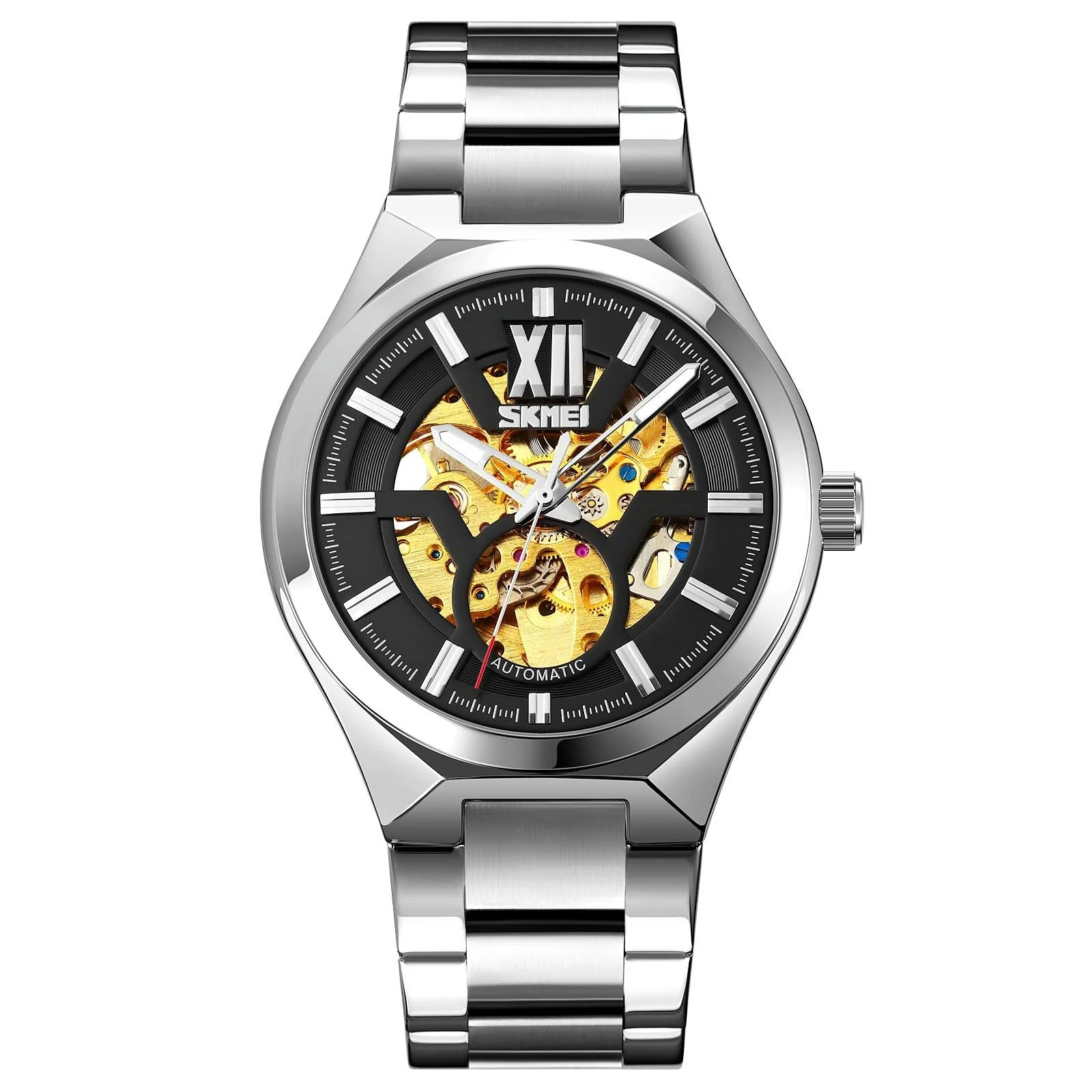 Men Automatic Mechanical Watch with Two-tone Stainless Steel Strap - Silver Shell Black Surface