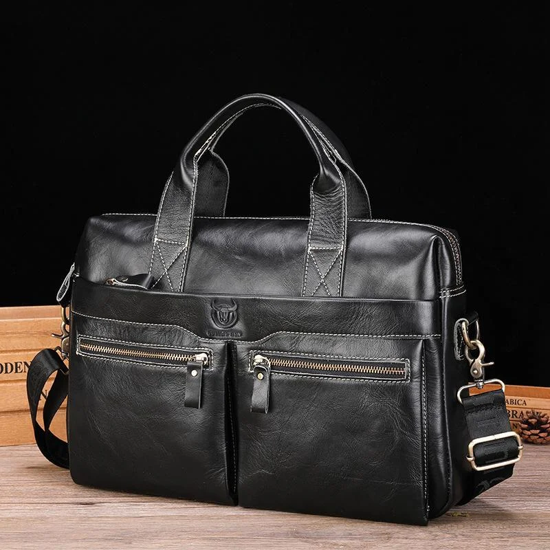 Large Capacity Retro Cowhide Briefcase - Black