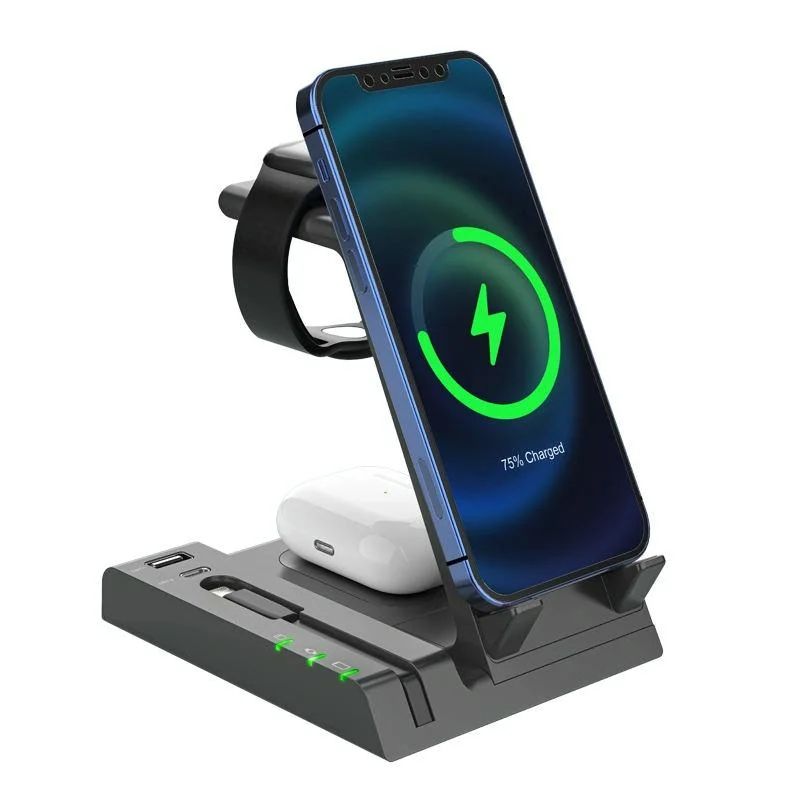 6 In 1 Wireless Charging Stand With Usb C Port & 8 Pin Cable - Grey